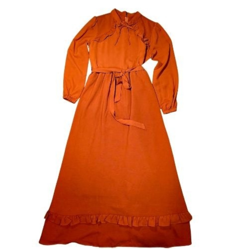Vintage 70s XL Burnt Orange Prairie Maxi Dress Ruffle Long Sleeve Boho Cabincore